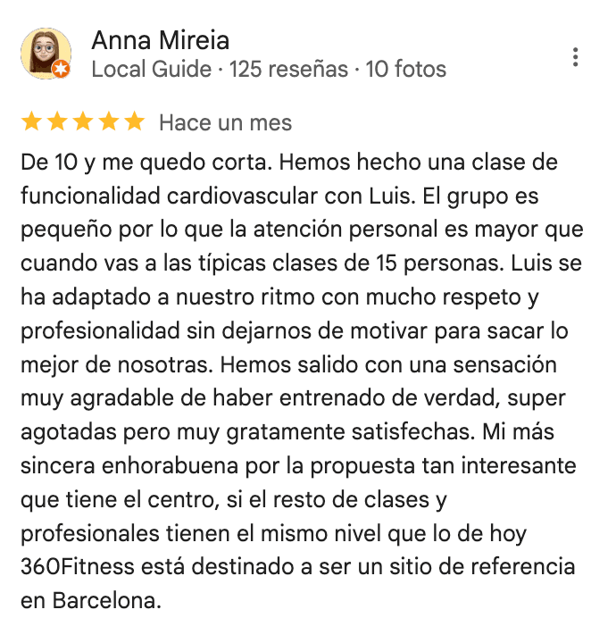 Reseña de 5 estrellas de 360Fitness Barcelona, captura 49 de agosto de 2025