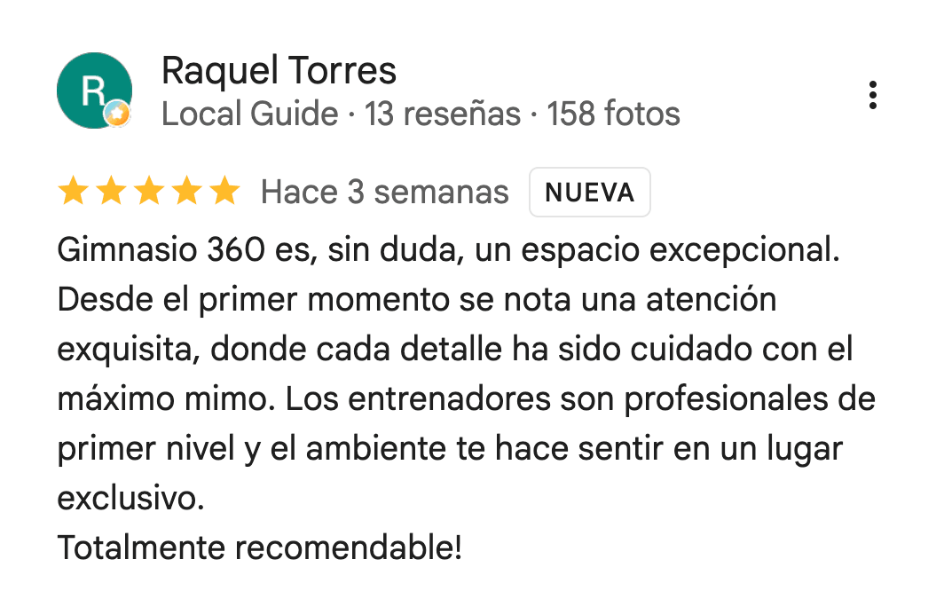 Reseña de 5 estrellas de 360Fitness Barcelona, captura 22 de julio de 2026